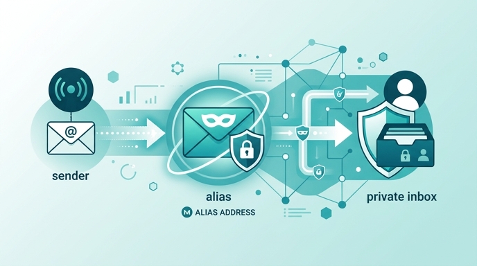 メールマスキング機能の概念——エイリアスが実アドレスを保護するイメージ