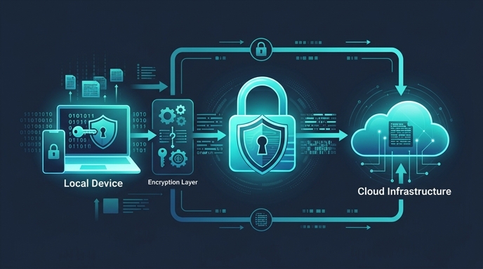 ゼロ知識暗号化アーキテクチャのコンセプト——デバイス上で暗号化してからクラウドへ送信