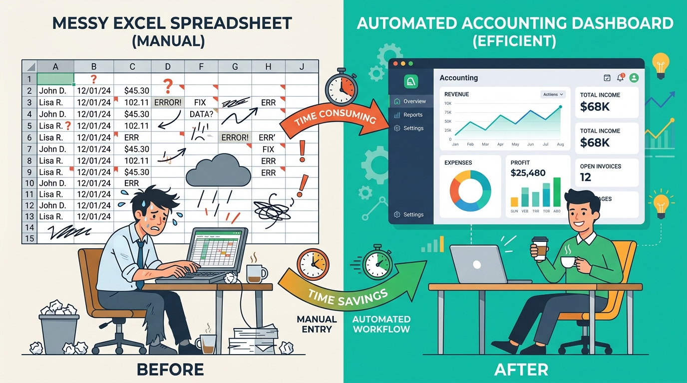 Excelとクラウド会計ソフトの管理効率比較イメージ